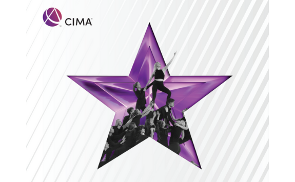 Graphic based image including CIMA logo with a purple star in the middle with monochrome imagery of students helping each other stand up high